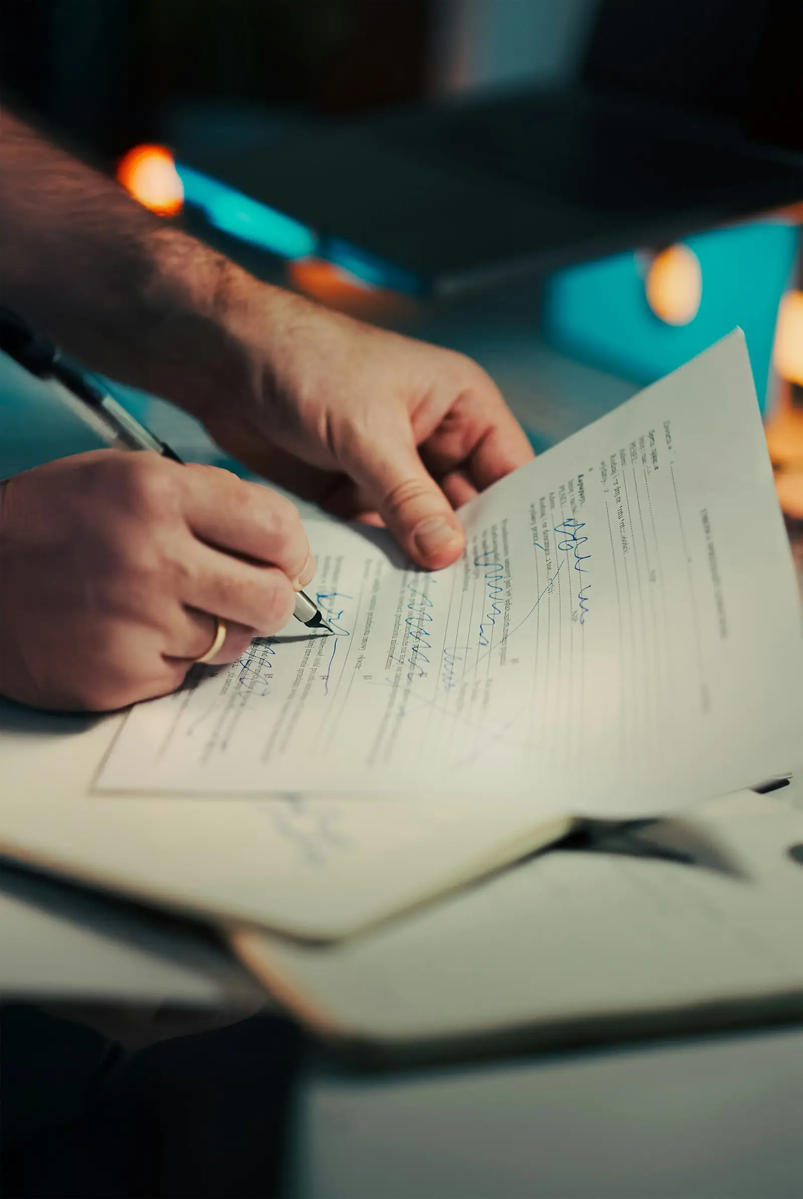 A hand signing a printed document with a pen